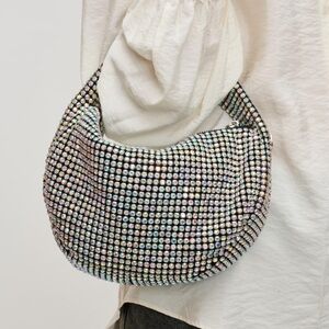 Iridescent Crystal-Embellished Hobo Bag - Silver Tone